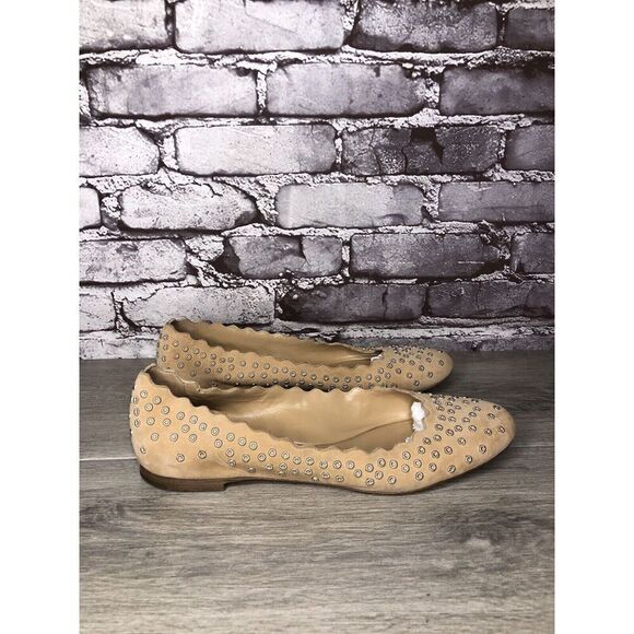 Chloe Beige Suede Leather Scalloped Studded Ballet Flats Women’s Sz 40EU/9.5M US - Picture 3 of 16
